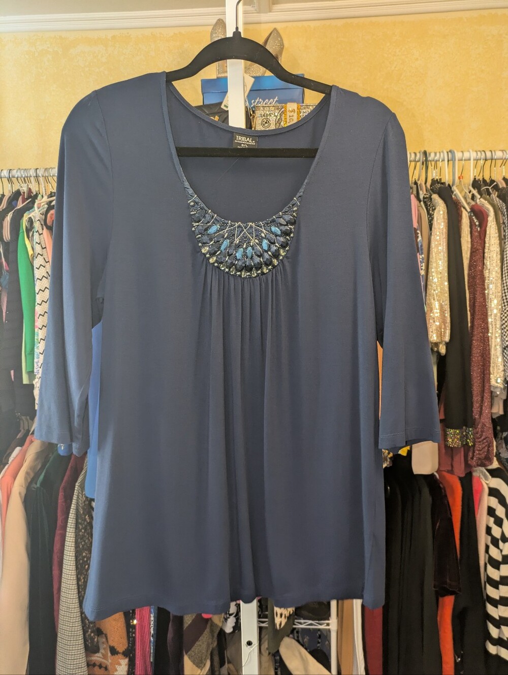 TRIBAL Navy Blue Embellished Beaded Neck Top 3/4 Sleeve Size L
